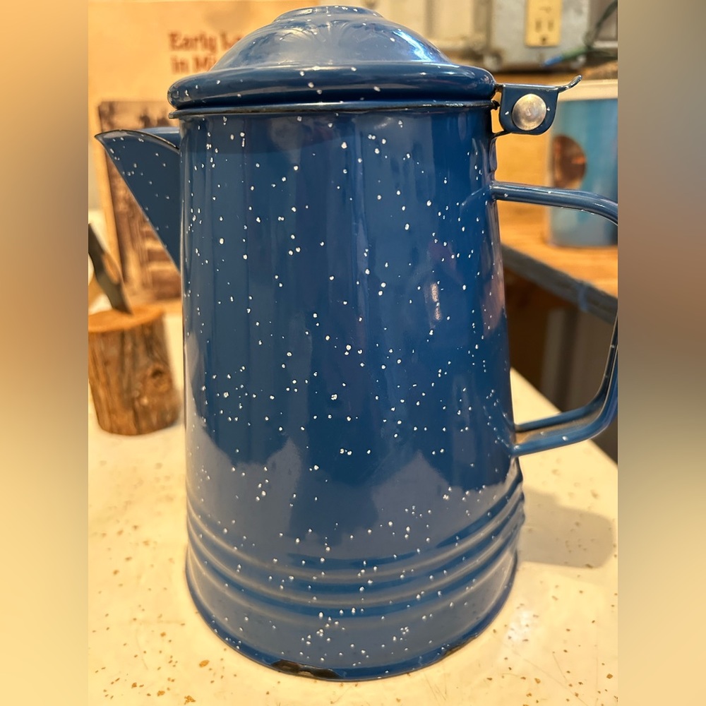 Pure Nostalgia: Vintage Blue & White Speckled 9-Inch Coffee Pot